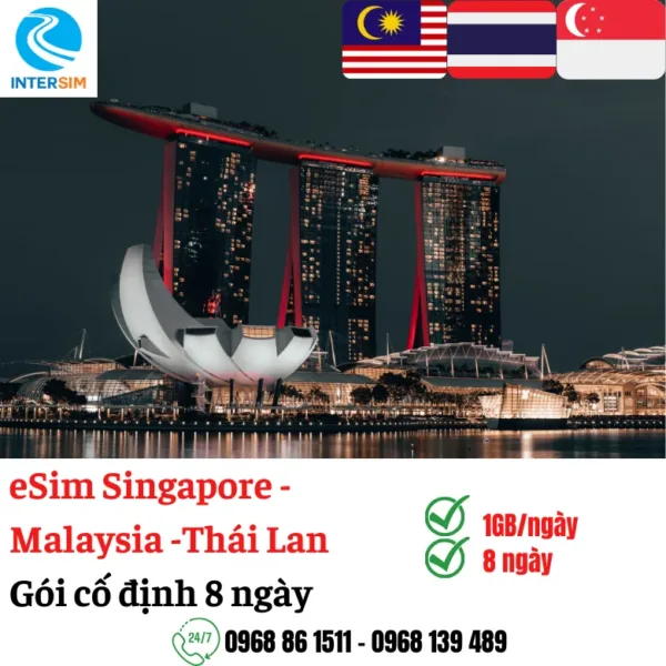 eSim Singapore, Malaysia, Thái Lan gói 8 ngày